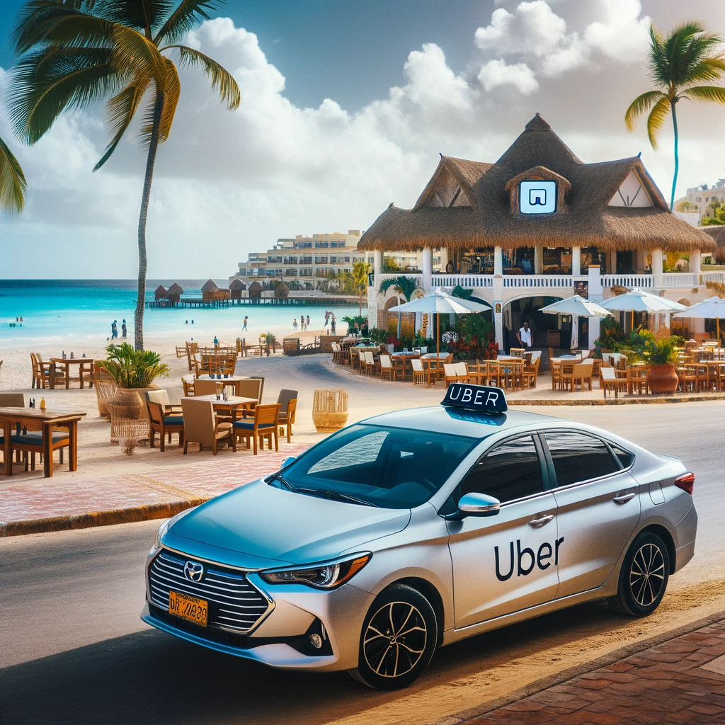 DALL·E 2024 01 04 15.53.07 A sleek Uber car parked in front of a popular tourist spot in Punta Cana reflecting the modern and convenient transportation option for travelers in